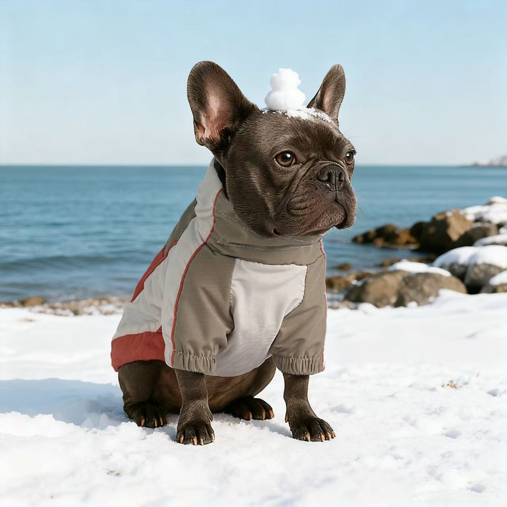 Waterproof Full-Body Dog Snowsuit – Khaki & Red